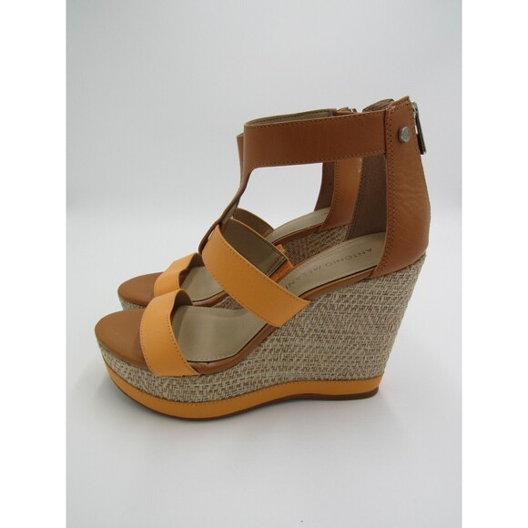 Womens 6.5 CAM Tan Leather Wedge T-Strap Sandals Antonio Melani Shoes Beach Boho - Picture 4 of 16